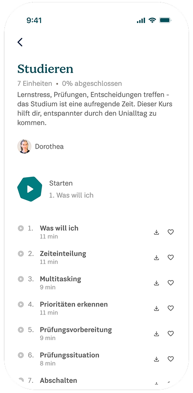 Screenshot der 7Mind App mit der Meditation "Prokrastination"